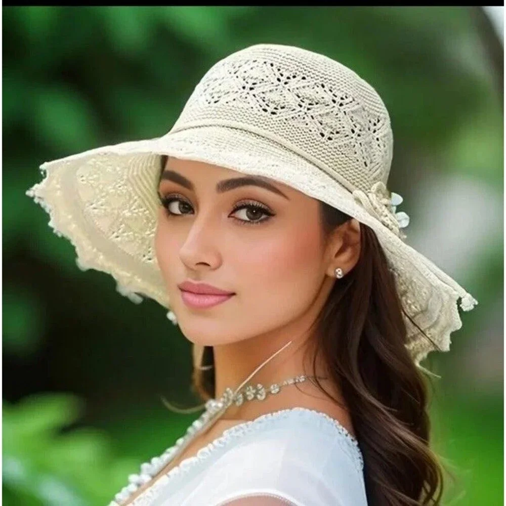 Vintage Grank Beige Sz L Lace Woven Summer Sun Hat Women's Floppy Beach Accessor